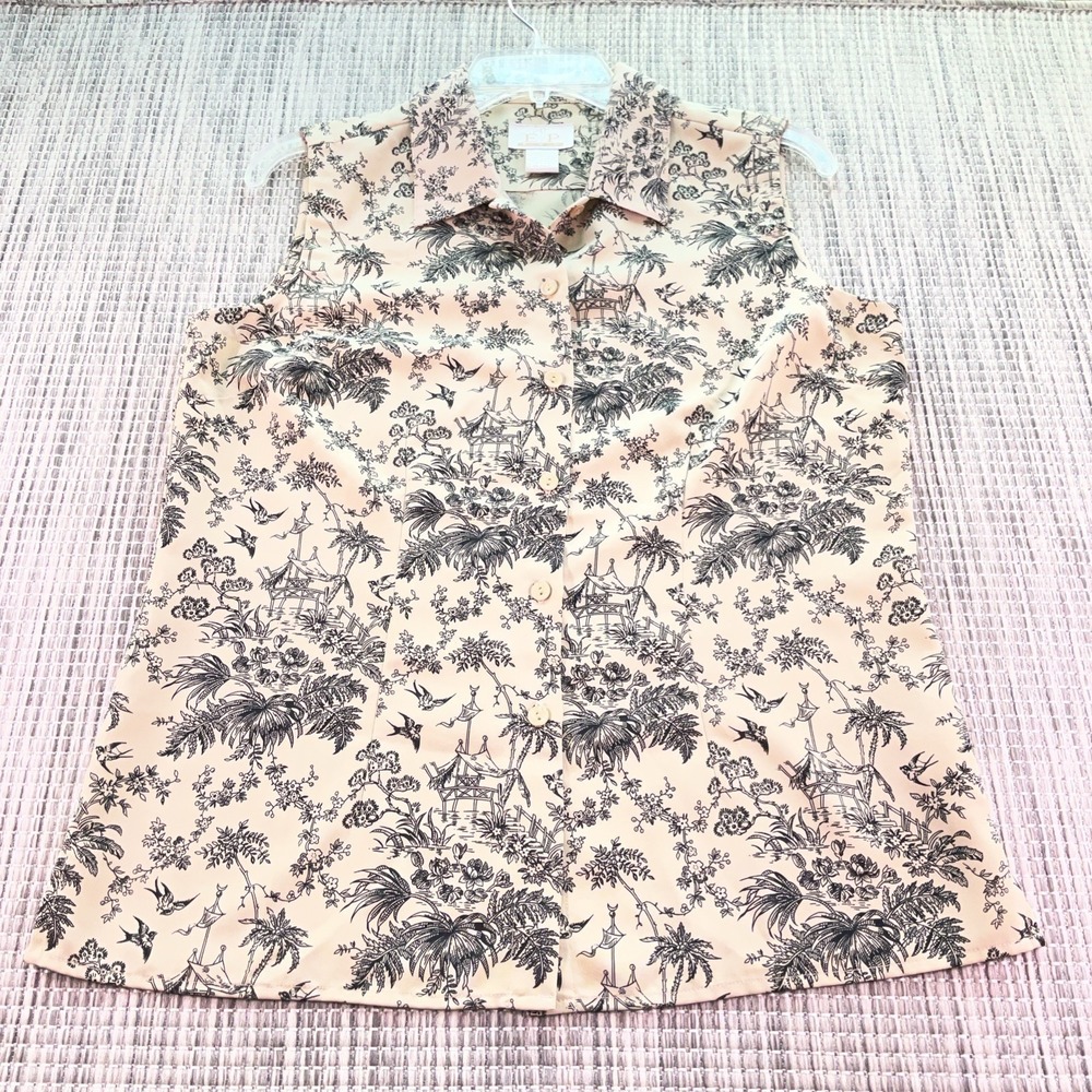 EP PRO Womens Golf Shirt Medium Sleeveless Button Up Collared Asian Toile Print